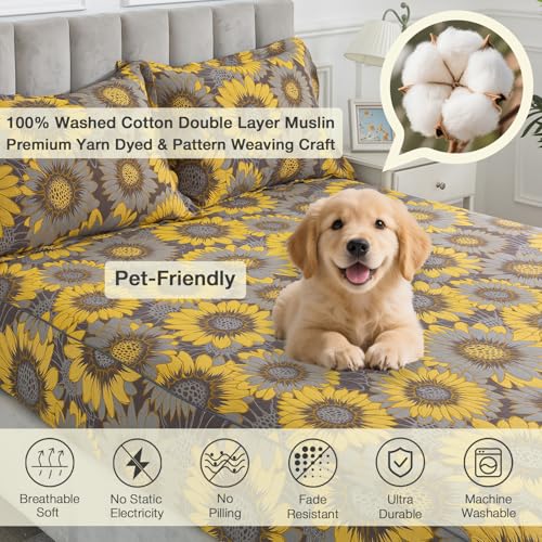 Image of Sunflower Muslin Bed Sheets Queen Size, Shabby Yellow Floral Chic Soft Farmhouse Sheet Set, Neutral Luxury Cottage Bedding, Grey Flower Deep Pocket Fitted Sheet, 100% Washed Cotton, 4Pcs