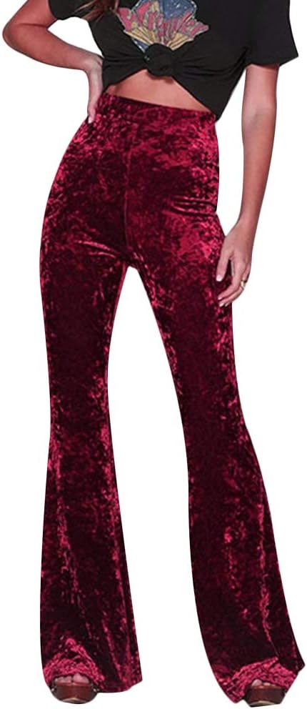 Women Velvet High Waist Wide Leg Long Palazzo Bell Bottom Yoga Pants Flare Pants