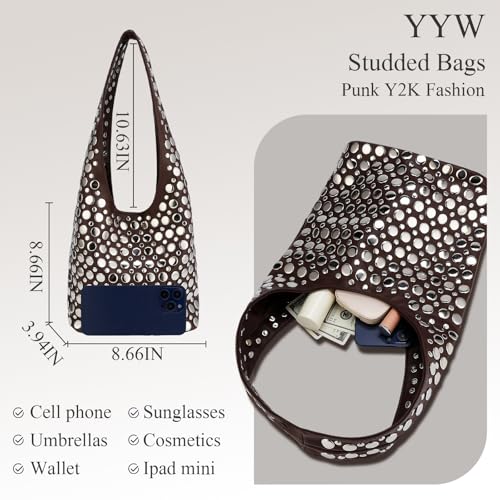 Image of Studded Y2K Purses for Women Punk PU Leather Shoulder Hobo Bags Trendy Underarm Tote Handbags
