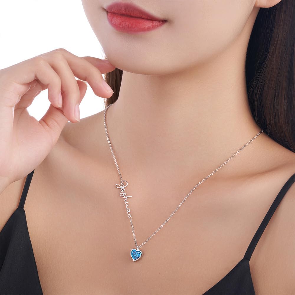Personalized Heart Birthstone Name Necklace for Mom Custom Sideways Name Necklaces for Women January May July December Birthstones Necklace Rose Gold Sterling Silver Nameplate Pendant with Birthstone