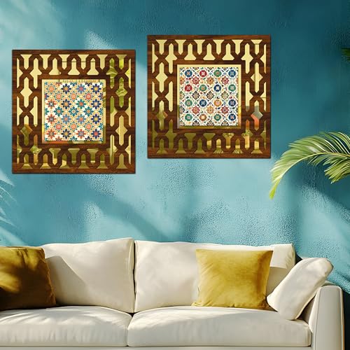 Image of Wooden Pattern Mirror Wall Decor Panel for Home Decor Living Room Bed Room Office (AD8, 12X12 Inches, Set of 2)