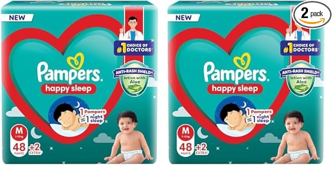 Pampers Happy Sleep Pant Style Baby Diapers, Medium (M), 50 Count, 1 Pampers : 1 Night Sleep, with Anti Rash Shield, 7-12 Kg Diapers (Pack of 2)