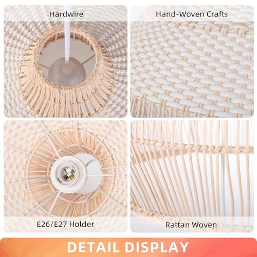 Arturesthome White Rattan Pendant Lights,13.7" Farmhouse Coastal Wicker Hanging Ceiling Lighting Chandelier, Handmade Woven Lampshade for Kitchen Island - Image 5
