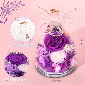 Gifts for Women Preserved Rose Forever Flower in Glass Angel Figurines Fresh Flowers for Delivery Prime Mothers Day Birthday Gifts for Mom Real Purple Roses for Grandma Sister Wife Her Daughter