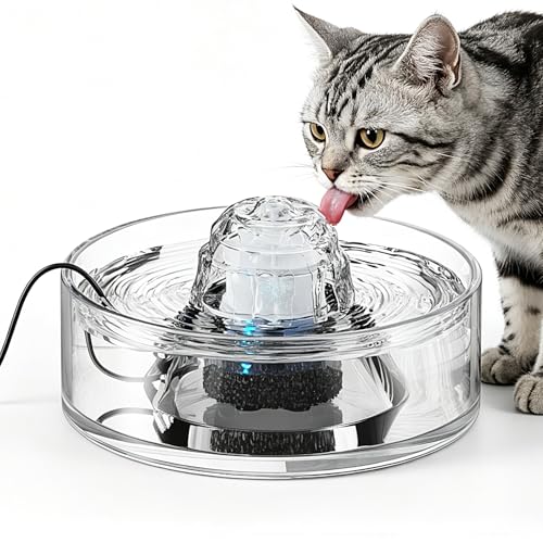 WEPOIU Glass Cat Water Fountain 2.7L/91oz Borosilicate Pet Fountain with 360 Round Bowl 5-Layer Filter Ultra-Quiet Pump Visible Water Level BPA-Free for Indoor Cats & Small Dogs