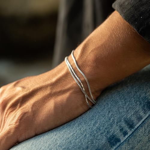Mens Bracelet - Dainty Gold/Silver Chain Bracelet Stack 14K Gold Plated Silver Bracelets for Men Stainless Steel Adjustable Cross Charm Cuban Link Bracelet Snake Jewelry Set to Men Dad Birthday Day2