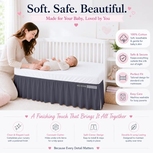 Image of Cotton Crib Bed Skirt Dust Ruffle with Split Corners, 14 inch Drop, Dark Grey | Nursery Standard Crib Bedding Bed Skirt for Baby Boys and Baby Girls. Hides Under-Crib Storage for a Neat Appearance
