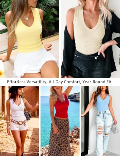 Image of Prettywear Deep V Neck Tank Tops for Women Ribbed Sleeveless Summer Top | Wide Strap, Fitted, Cotton Blend, 2026 Summer Fashion Clothes, Sexy Casual Cute Going Out Tops, Fall Basic Layering Top