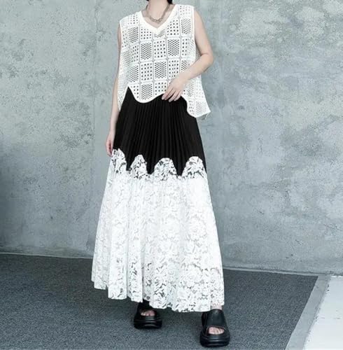Women's Vintage Maxi Skirt Party Patchwork Lace Irregular High-Waisted Pleated Long Skirts2