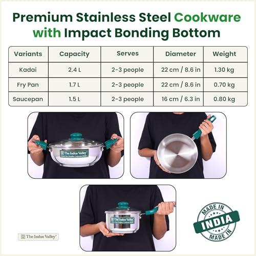 Image of The Indus Valley Stainless Steel Impact Bonded Bottom Cookware Set of 5 | Kadai 22cm with Glass Lid + Fry Pan 22cm + Saucepan 16cm with Glass Lid | Green Handles | Induction Compatible