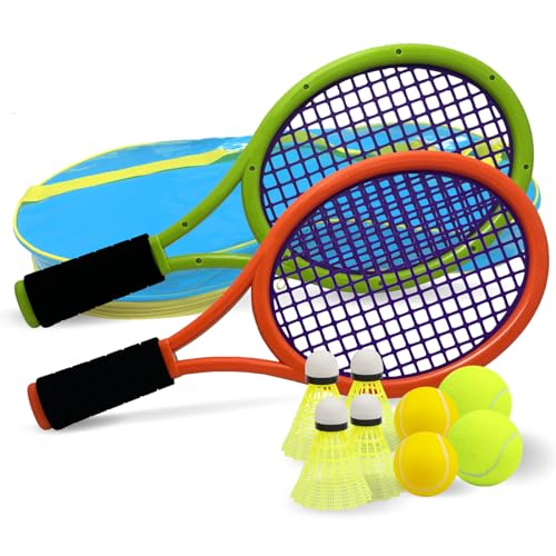 Kids Tennis Racket,17 Inch Plastic Tennis Racket with 2 Soft Balls,2 Tennis Balls and 4 Shuttlecocks for Kid,Toddler Outdoor/Indoor Sport Play