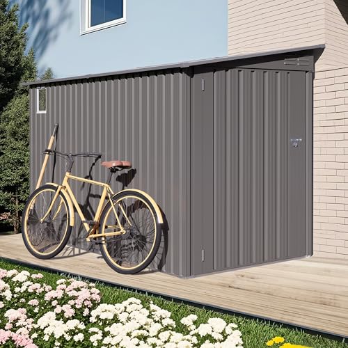 Image of YOPTO 4x9 FT Outdoor Storage Shed,Lean to Metal Shed W /Window,All Weather Waterproof Garden Storage Shed W / 6 Air Vents & 1 Lockable Door,Weatherproof Tool House W /Sloped Roof,for Lawn,Gray