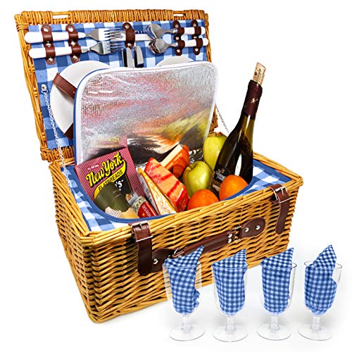 Nature Gear Upgraded 4 Person XL Picnic Basket Wicker (4 Person, Blue & White)