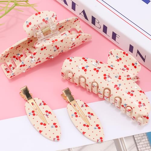 Image of 4Pcs Cherry Claw Clips for Women, Cute Unique Fruit Hair Clips whit Rhinestone for Cherry-Themed Gifts Hair Accessories