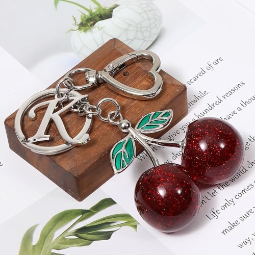 Heart-Shaped Keychain with Initial A-Z and Cherry Charm Bag Charms for Women,Car Accessories