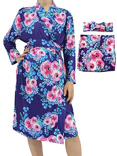 SUFEINI Maternity Robe with Matching Swaddle Set, Mommy Me Swaddle Set Maternity Bathrobe Labor Nursing Delivery Gown