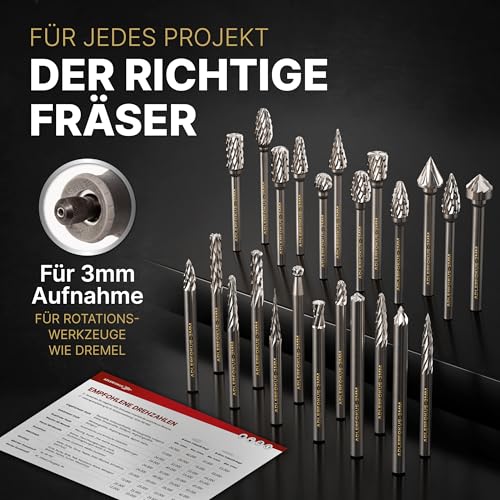 Adlerfokus Hartmetall Frässtifte [UNIVERSAL] 24 Stück Metall Fräser mit 3mm Schaft - Hartmetallfräser - Metallfräser - Frässtifte für Metall - Metallfräse - Dremel Fräser - Fräsbohrer Metall