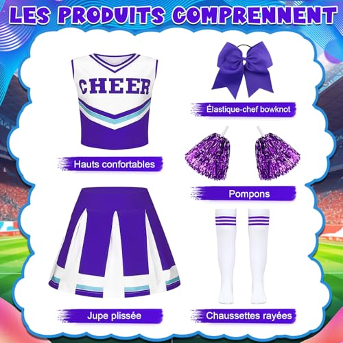 Luckyou Cheerleader Kostüm Kinder Mädchen Cheerleadering Outfit Mädchen Cheerleading Uniform Kleid mit Pompons Socken für Halloween Karneval Cosplay,Purple,150cm
