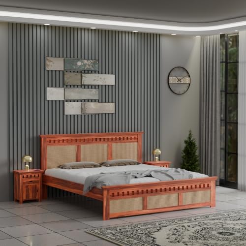 Image of Sheesham Wood King Size Cane Bed Without Storage Wooden Double Cot Palang Furniture for Bedroom Living Room Home Hotel Honey Finish 1 Year Warranty