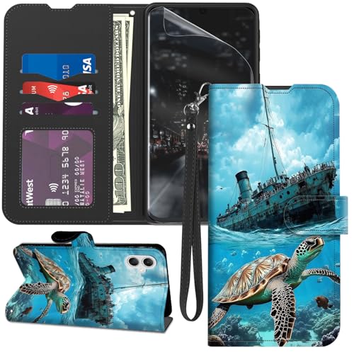 GYSYZJDH for Samsung Galaxy A07 Case Wallet with Screen Protector, Stand PU Leather Flip Folio Cover with Card Holder, Full-Body Protection Phone Case for Galaxy A07, Turtles and Boats