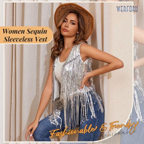 WERFORU Women's Sequin Sleeveless Tassel Vest Western Sequin Tassel Vest Sparkly Fringe Cowgirl Outfit-4