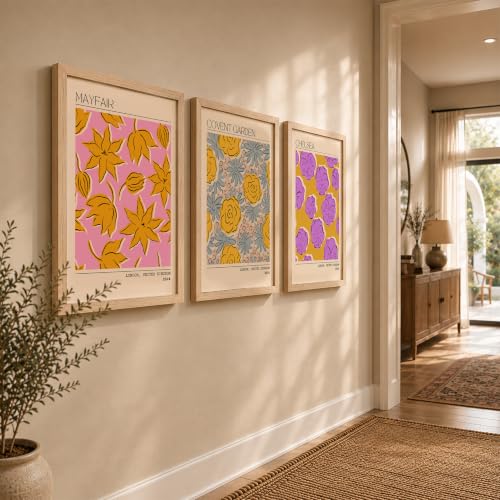 Image of NoWorries Trendy Abstract Floral Art Wall Frames | Modern Botanical Prints Inspired by London Paintings 300 GSM Premium Prints | Synthetic Wooden Stylish Frame Wall Decor for Bedroom, Living Room, Cafe & Office (Set of-3) (NATURAL, ART-1, 25X37INCHES)