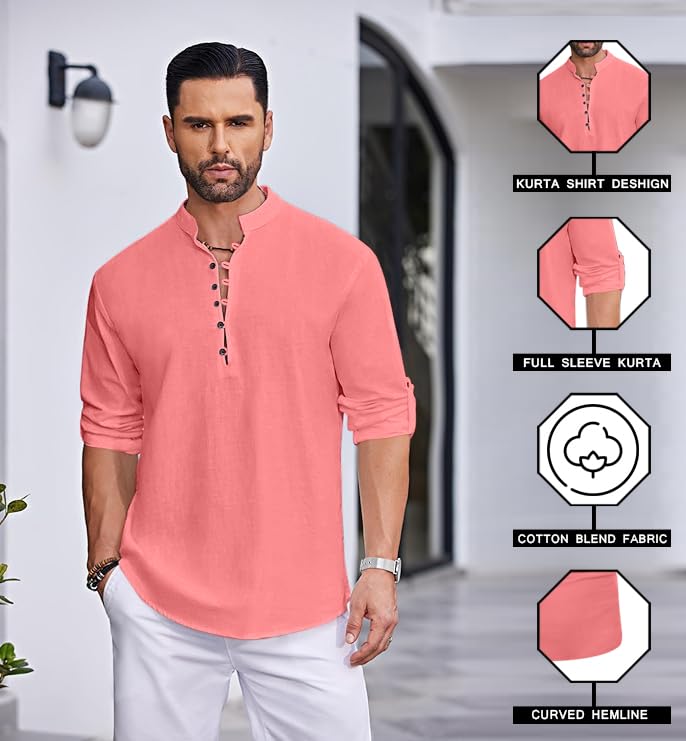 Image of FINIVO FASHION Men's Straight Fit Cotton Blend Kurta with Foldable Sleeves & Formal Collar - Solid Color, Pack of One