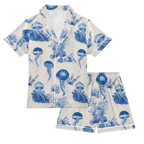 Blue Jellyfish Coral Pajamas Sets Short Sleeve Silk Stain Pjs Button Down Sleepwear for 5-14Y