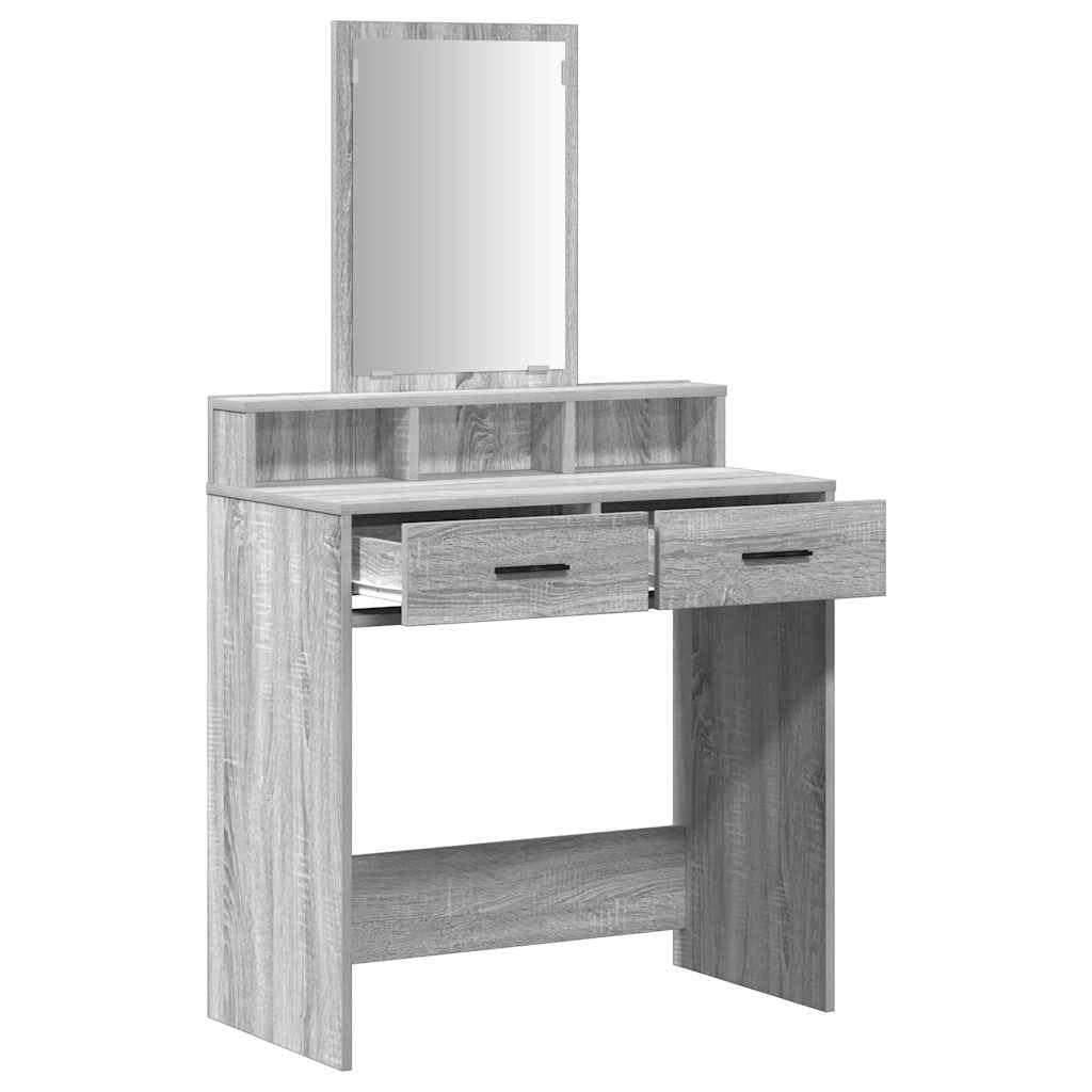 Tavolo da trucco grigio Sonoma in legno ingegnerizzato 79 x 41 x 140 cm con specchio piano e 2 cassetti, mobiletto consolle salvaspazio per camera da letto
