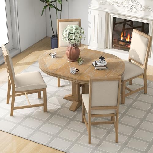 5-Piece-Farmhouse-Wood-Dining-Set-with-Extendable-Round-Table-and-4-Upholstered-Chairs-for-Kitchen-Breakfast-Nook-Living-Room-Natural-42-56-L-x-42-W-x-30-H 5 Piece Farmhouse Wood Dining Set with Extendable Round Table and 4 Upholstered Chairs for Kitchen Breakfast Nook Living Room Natural 42 56 L x 42 W x 30 H