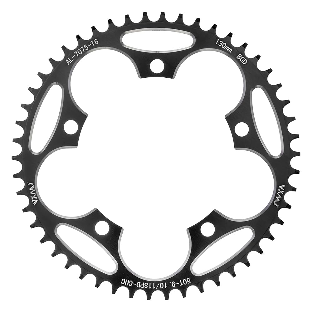KTKEET 110/130BCD Chainring 36/38/40/42/44/46/48/50/52/54/56/58/60T Round Narrow Wide Chainring 5 Bolts Bicycle Chainwheel for 8-12 Speed Road Bike Folding Bicycle (Black,130BCD 50T)