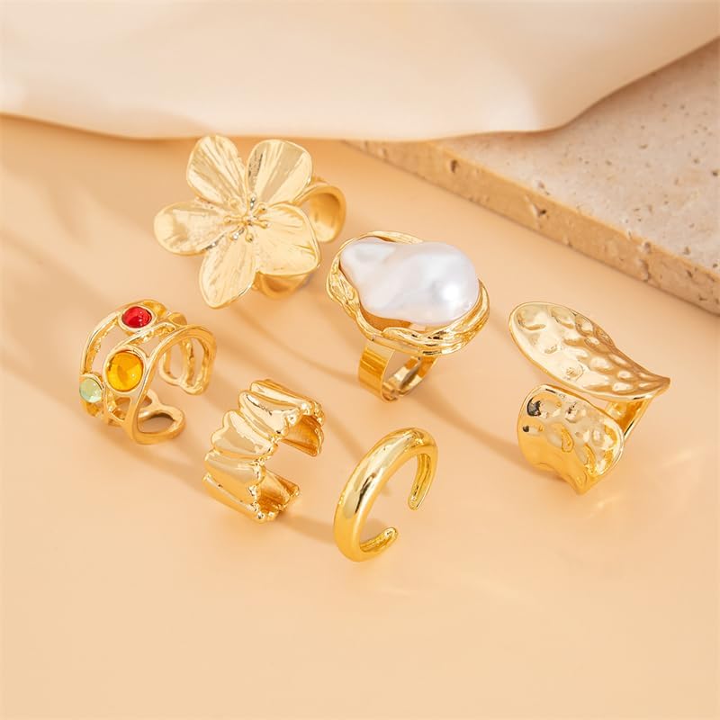 Miniatura 6 de RINHOO FRIENDSHIP 6 anillos gruesos de oro para mujer, no se deslustra, vintage, con flor de perla, apilables, ajustables, grandes, joyería única