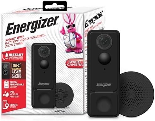 Energizer Smart 2K Doorbell & Chime, Rechargeable Battery Video Doorbell Security Camera, 2-Way Audio, Night Vision, Cloud & Card Recording, Remote Access App, Motion Sensor & Alerts, Live Viewing