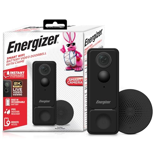 Energizer Smart 2K Doorbell & Chime, Rechargeable Battery Video Doorbell Security Camera, 2-Way Audio, Night Vision, Cloud & Card Recording, Remote Access App, Motion Sensor & Alerts, Live Viewing