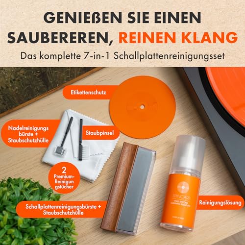 SPINCARE 7-in-1 Schallplatten Reinigungsset | Velvet Schallplattenbürste mit Holzgriff & Staubschutz | 120 ml Vinyl Reiniger, Stylus Brush, Label-Schutz & Mikrofasertücher | Vinyl Cleaning Kit