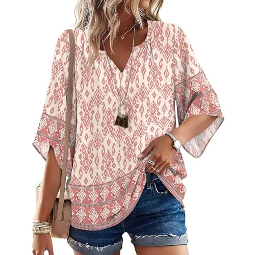 LOMON Women's 3/4 Length Sleeve Boho Tops V Neck Casual Vacation Clothes Loose Fit Tunic Shirts S-3XL Multi Pink X-Large