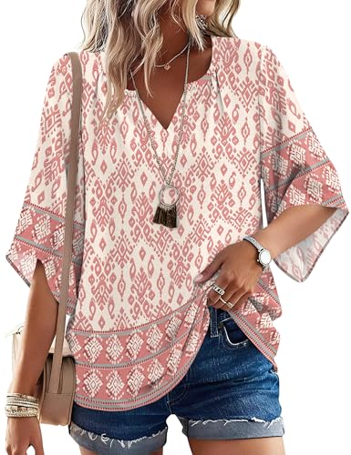 LOMON Linen Tops for Women Spring Summer Plus Size Beach Vacation Clothes Boho Chic Clothing Pink 3XL