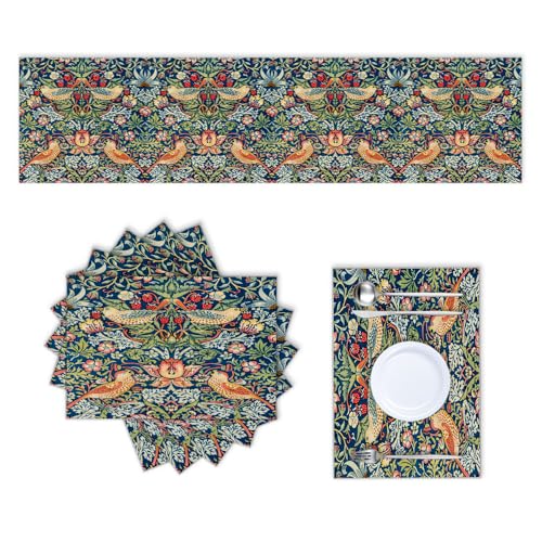 rouihot Cotton Linen Table Runner and Placemats Set of 6,William Morris Strawberry Thief Floral Pattern Home Table Decor for Dining Farmhouse Wedding Party Holiday Dinner,13X70 Inches by rouihot - Used condition - US$11.93