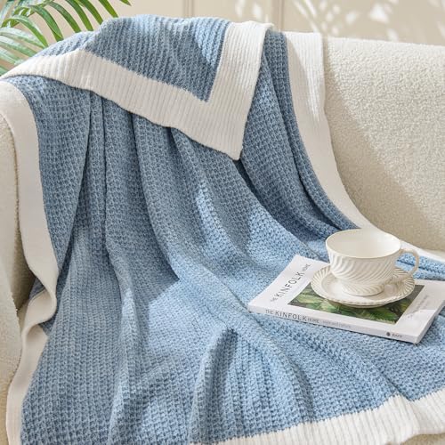 Image of BEDELITE Soft Cozy Chenille Waffle Knit Throw Blanket,Farmhouse Boho | ideal gift,fuzzy,fluffy,warm,for sofa or bed,room decor,breathable all season,lightweight,machine washable,60*80 blue