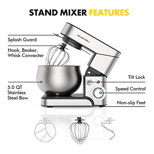 GIVENEU Stand Mixer, 1000W Food Mixer, 6 Speed Tilt-Head Electric Kitchen Dough Mixer with Dough Hook, Mixing Beater, Wire Whisk and Scraper, 5QT Bowl - Premium Stainless Steel Design