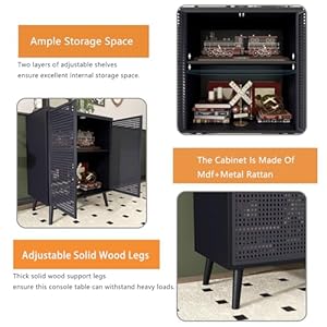 Modern and simple black rattan storage cabinet metal rattan accent cabinet with double doors buffet storage for living room hallway entryway dining room bedroom black  urban country home decor