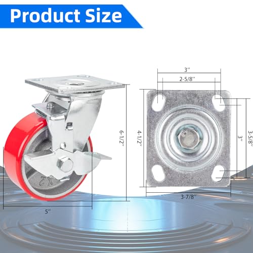 Image of Nefish 5 Inch Industrial Casters Wheels, Heavy Duty Casters 2 Pack, No Noise Polyurethane Wheel on Steel Hub, 1000 Lbs Load Capacity Per Swivel Casters with Brake for Dollies, Platform Trucks