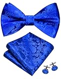 GUSLESON Mens Royal Blue Bow Tie Pocket Square Set for Wedding Pre-Tied Solid Paisley Bowties Handkerchief Cufflinks for Party (0497-10)