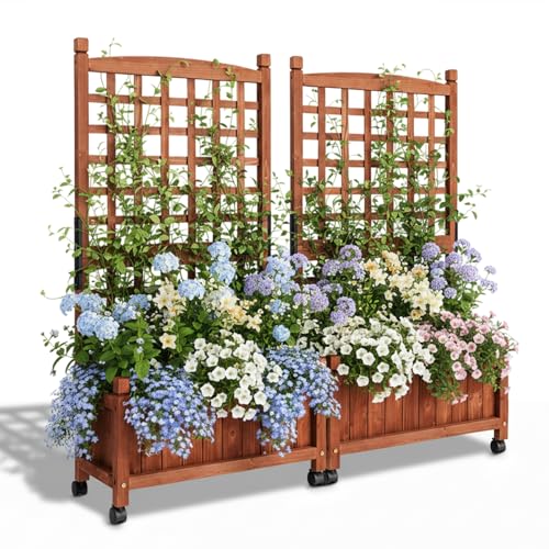 VINGLI 2PC Wooden Planter with Trellis, 50" Height Elevated Garden