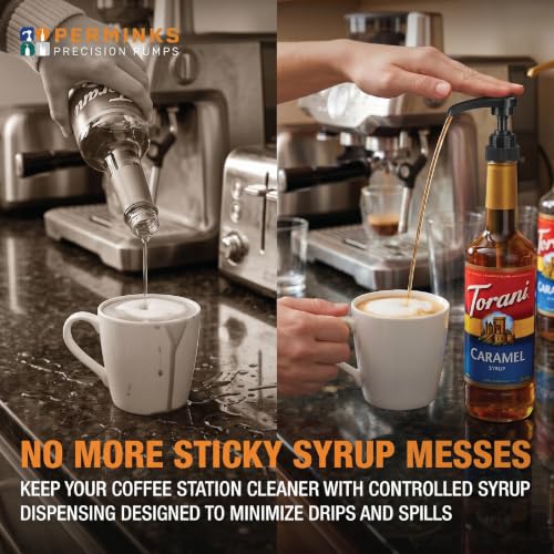 Image of Syrup Pump, Compatible with 750ml Torani, DaVinci & Skinny, 6-Pack, Black | Leak-free, 1 /4oz precision pump with locking nozzle. Great for coffee bar accessories, dirty soda stations & dessert sauces