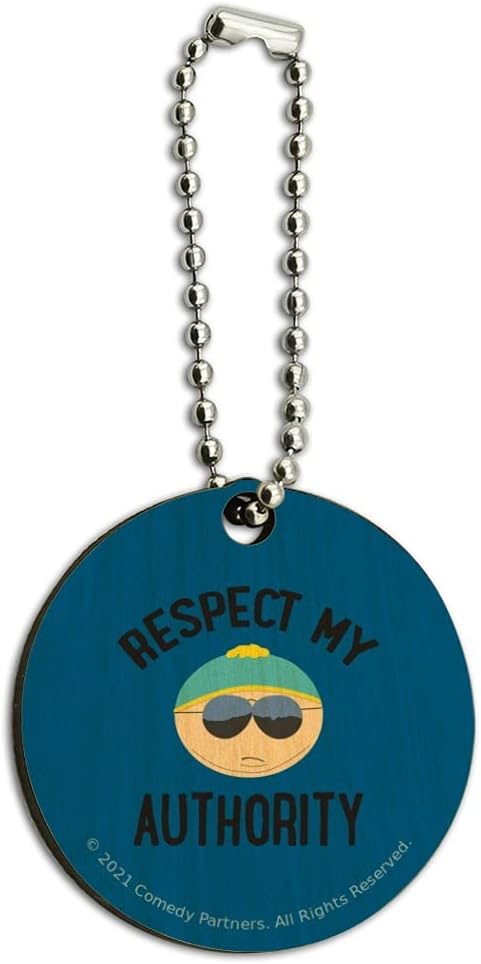 South Park Cartman Respect my Authority Wood Wooden Round Keychain Key