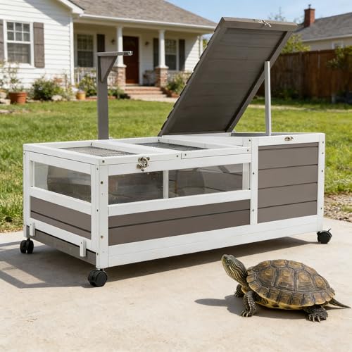 PetsCosset Tortoise Habitat Cage on Wheels with Lamp Stand & Pull-Out Waterproof Tray – Large Wooden Tortoise House, Indoor Outdoor Reptile Enclosur