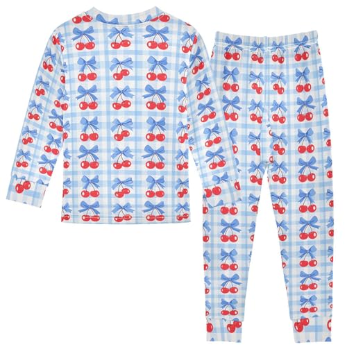 ALAZA Cherry Blue Bow Plaid 2 Piece Pajama Set Long Sleeve Top and Pants Sleepwear Unisex2