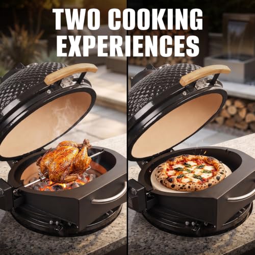 Foto von Onlyfire 6065 PizzaRing Kit mit Drehspieß, Pizzaeinsatz und Rotisserie Grillspieß für Kamado Joe Classic/Pit Boss 22 Keramik-Grills, inkl. Drehmotor, Spuckstange und Pizzastein