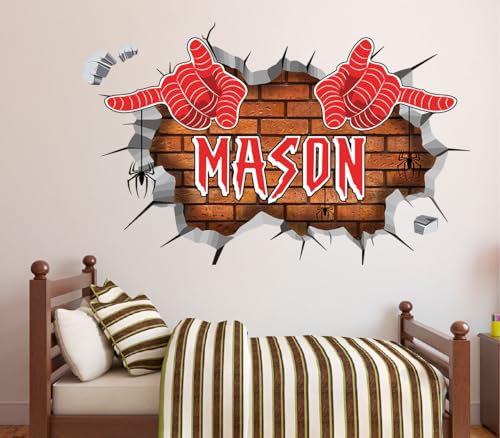 Spider Wall Decal Custom Name for Boys Room Superhero Style Brick Wall Vinyl Decor Personalized Kids Bedroom Wall Art with Spiders Nursery Playroom Name Wall Decor LS04